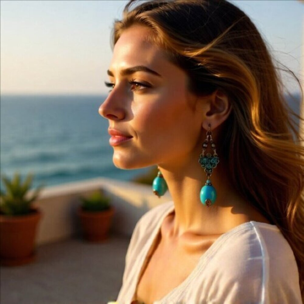 2/$25!!! Aqua Howlite + Copper Patina Painted Earrings - Big Bold Gorgeous! - Picture 7 of 12
